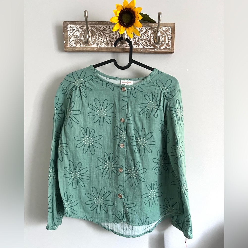 CAT & JACK Girls Ocean Green Floral Long Sleeve Top - Size Large 10/12 - NWT